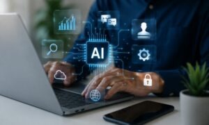 Pessoa a utilizar inteligência artificial num computador portátil com interface digital, dados e automação tecnológica num ambiente de trabalho moderno.