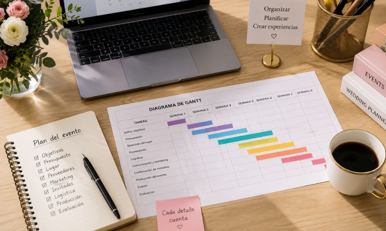 Planeamento e organização de eventos com diagrama de Gantt, calendário de tarefas e ferramentas de gestão para coordenar eventos de forma eficiente.